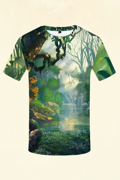 Novelty Mens 3D Tee Top Jungle Stone Pattern Round Neck Slim Fit Short Sleeve Tee Top