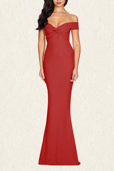 red plain long gown