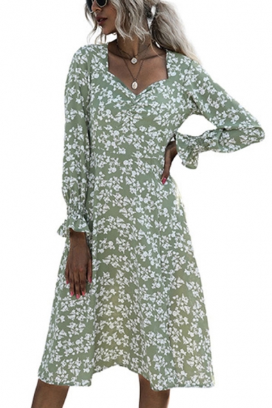 Pretty Ditsy Floral Printed Long Sleeve Sweetheart Neck Mid Pleated A-line Dress for Women
