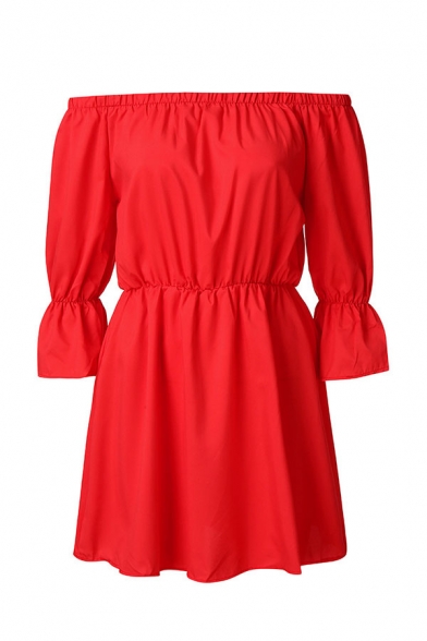 Pretty Womens Solid Color Bell Sleeve Off the Shoulder Short Pleated A-line Dress
