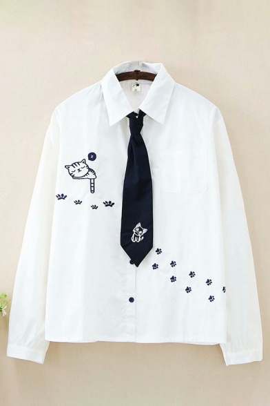 Simple White Cat Paw Embroidered Long Sleeve Point Collar Button Up Loose Fit Shirt with Tie