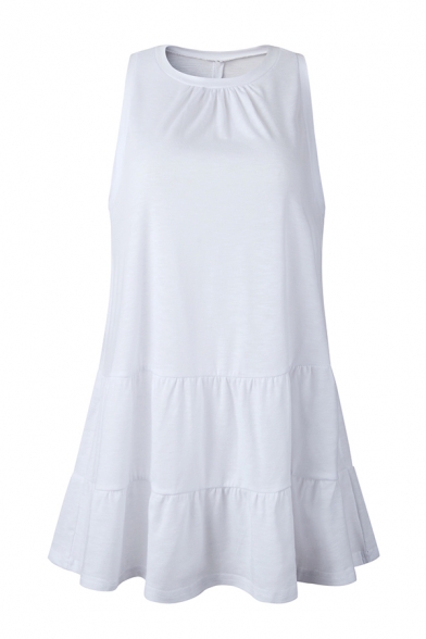 Simple Womens Solid Color Pleated Ruffle Trim Tiered Strap Sleeveless Loose Fit Tunic Smock Tank Top