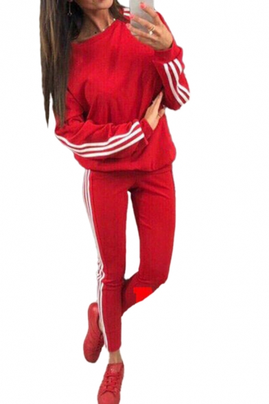 Sport Womens Striped Long Sleeve Crew Neck Relaxed Sweatshirt & Ankle Skinny Pants Co-ords in Red