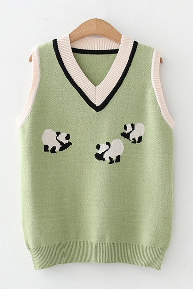 Panda Loose V Neck Vest Knitted Sleeveless Sweater