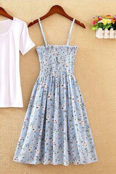 Summer Girls Sweet Floral Printed Strapless Pleated Mini A-Line Bandeau Beach Dress