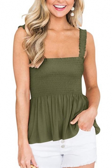 Trendy Womens Solid Color Stringy Selvedge Pintuck Ruffled Relaxed Fit Tank Top