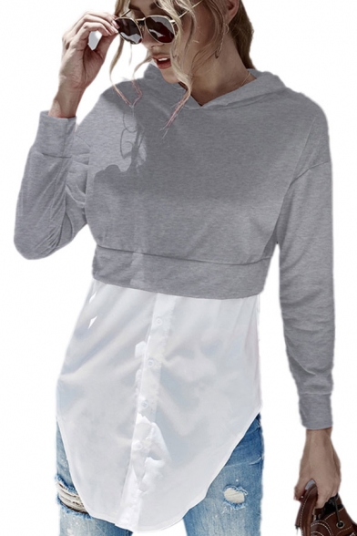 Casual Patchwork Long Sleeve Button down Curved Hem Regular Fit Long Hoodie