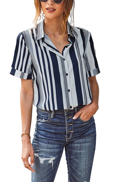 Chic Stripe Prnted Rolled Short Sleeve Spread Collar Button Up Loose Fit Shirt