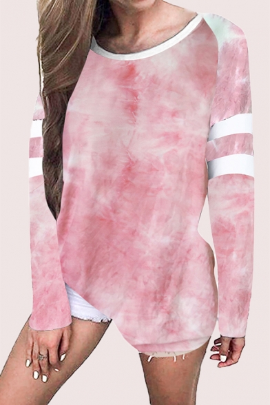 Cool Girls Tie Dye Print Contrast Stitching Long Sleeve Round Neck Plus Sized Pullover Hoodie