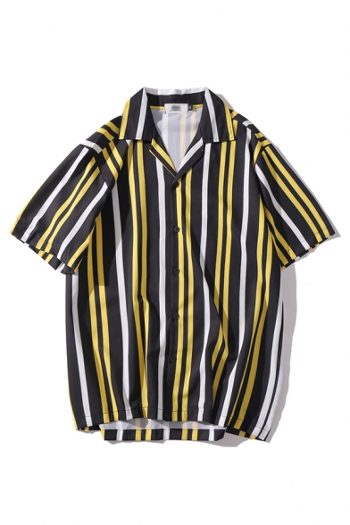 Cool Mens Shirt Vertical Stripe Black White Yellow Pattern Button down Loose Fit Short Sleeve Notch Collar Shirt