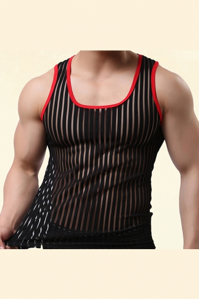 Cool Mens Tank Top Striped Pattern See-through Slim Fitted Sleeveless Scoop Neck Tank Top