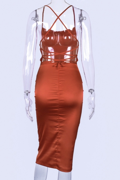 Elegant Ladies Satin Solid Color Spaghetti Straps Cowl Neck Mid Bodycon Slip Dress