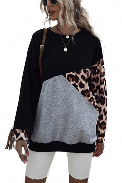 Fashion Leopard Printed Colorblock Long Sleeve Crew Neck Loose Fit Pullover Sweatshirt in Black