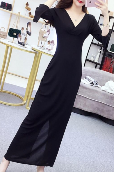 Fashionable Black V-Neck Long Sleeve Lace Panel Hem Fishtail Floor Length Bodycon Evening Dress