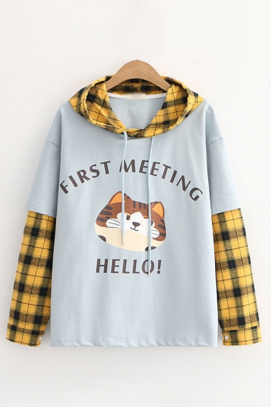 

Fashionable False Two Piece Plaid Printed Patched Long Sleeve Drawstring Letter First Meeting Cat Graphic Relaxed Hoodie, White;light blue, LC668804