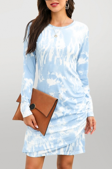 Fashionable Tie Dye Printed Long Sleeve Round Neck Mid Fitted T Shirt Dress for Women
