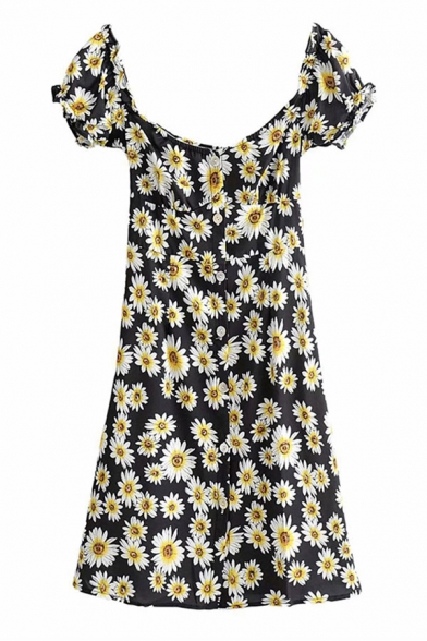 Fashionable Womens Allover Sunflower Printed Off the Shoulder Button Up Short A-line Dress in Black