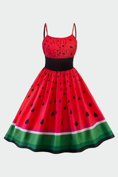 Glamorous Ladies Red Watermelon Print Patchwork Waist Pleated Sleeveless Spaghetti Strap Short Swing Cami Dress