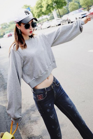 Grey Trendy Blouson Sleeve Crew Neck Ruched Baggy Pullover Sweatshirt for Girls