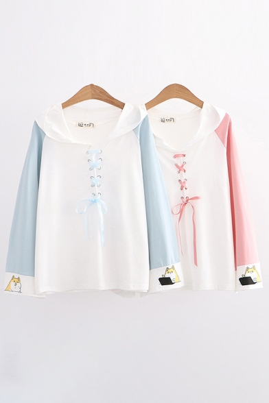 Harajuku Dog Printed Contrasted Long Sleeve Hooded Lace-up Loose Fit Tee Top
