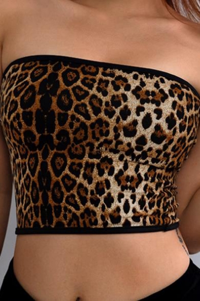 Hot Streetwear Sleeveless Strapless Leopard Printed Drawstring Pom Pom Tie Brown Slim Crop Tube Top for Girls