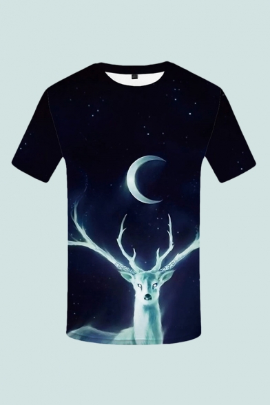 Mens 3D T-Shirt Trendy Crescent Moon Galaxy Printed Slim Fit Short Sleeve Round Neck T-Shirt