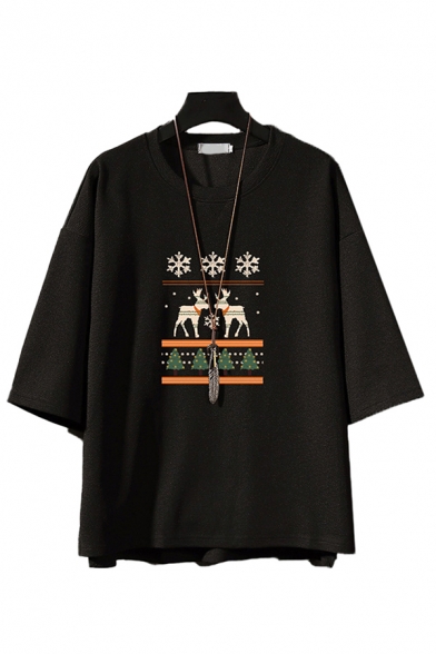 Mens Fashion T-Shirt Snowflake Deer Christmas Tree Pattern 3/4 Sleeve Crew Neck Loose Fit T-Shirt