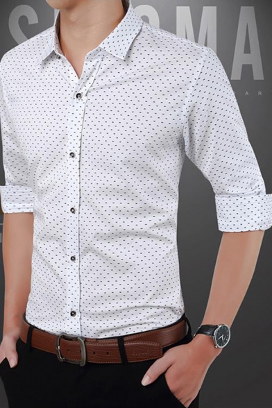 Mens New Stylish Classic Polka Dot Print Long Sleeve Slim Fitted Formal Shirt