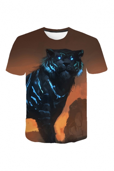 Novelty Mens 3D Tee Top Tiger Stone Painting Round Neck Regular Fit Short Sleeve Tee Top