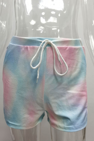 Novelty Tie Dye Printed Pockets Back Drawstring High Rise Mini Shorts for Womens