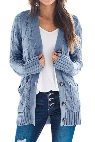 Popular Cable Knitted Long Sleeve Button Up Regular Fit Cardigan for Ladies