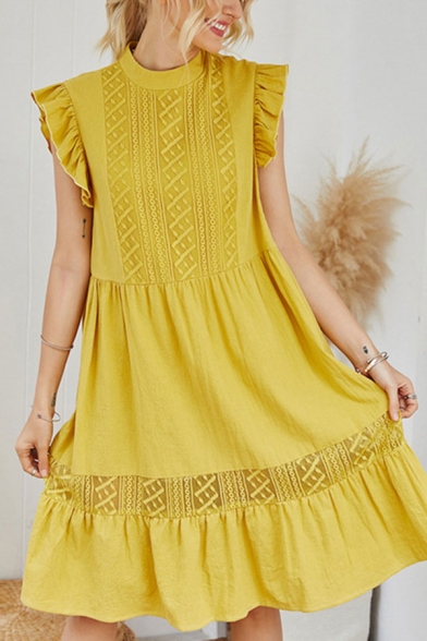 

Popular Womens Lace Panel Stringy Selvedge Sleeveless Crew Neck Ruffled Short Pleated Swing Dress in Yellow, LM660179