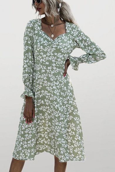 Pretty Ditsy Floral Printed Long Sleeve Sweetheart Neck Mid Pleated A-line Dress for Women