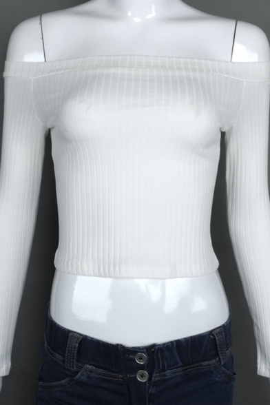 Pretty Plain Open Back Off the Shoulder Long Sleeve Slim Fitted Cropped T-Shirt for Women