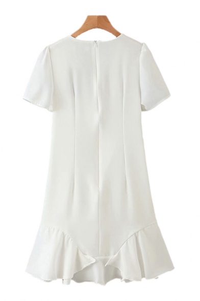 Pretty White Puff Sleeve Deep V-neck Button Up Ruffled Mini A-line Dress for Girls