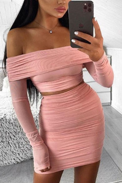 

Stylish Long Sleeve Off the Shoulder Fit Crop T Shirt & Ruched Mini Bodycon Skirt Set in Pink, LM673697