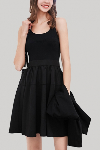 Stylish Womens Spaghetti Straps Scoop Neck Short Pleated Flared Cami Dress & Blazer Set in Black