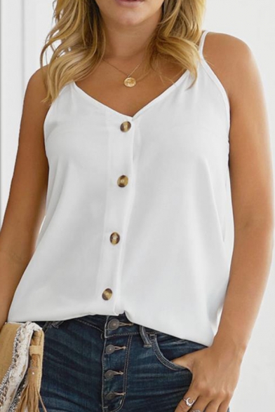 Summer Basic Simple Plain V-Neck Button Down Sleeveless Cami Top for Women