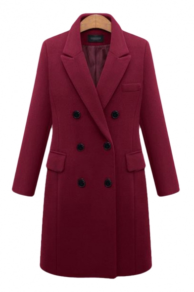 Trendy Solid Color Long Sleeve Notched Collar Double Breasted Flap Pockets Long Regular Fit Wool Coat for Girls