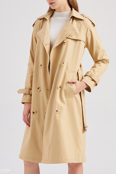 Trendy Womens Solid Color Long Sleeve Lapel Neck Double Breasted Tied Waist Long A-line Trench Coat