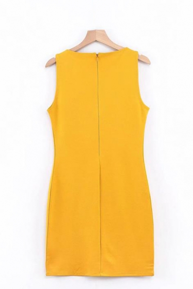 Womens Trendy Yellow Solid Color Button Embellished Side Mini Sheath Tank Dress
