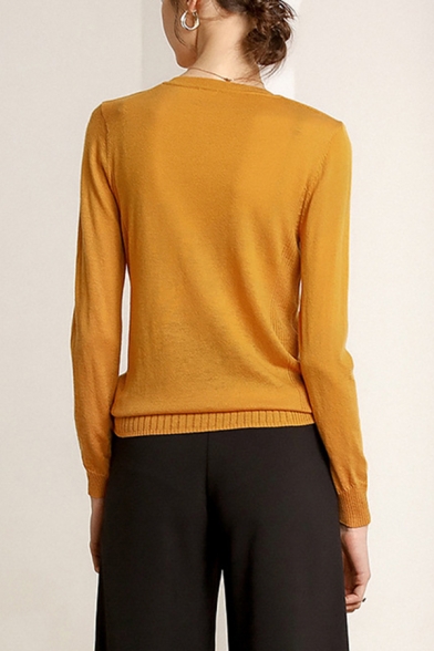 Yellow Casual Plain V Neck Long Sleeve  Relaxed Fit Pullover Knitwear Top for Women