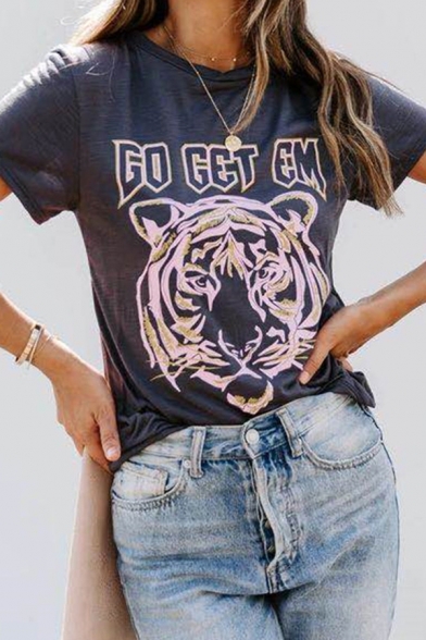 Casual Girls Tiger Printed Short Sleeve Crew Neck Relaxed T Shirt