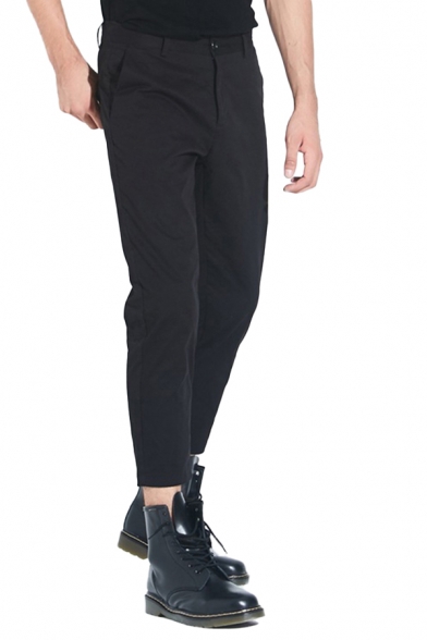 Casual Mens Pants Solid Color Zipper Fly Button Pocket Mid Rise Regular Fitted Ankle Length Pants