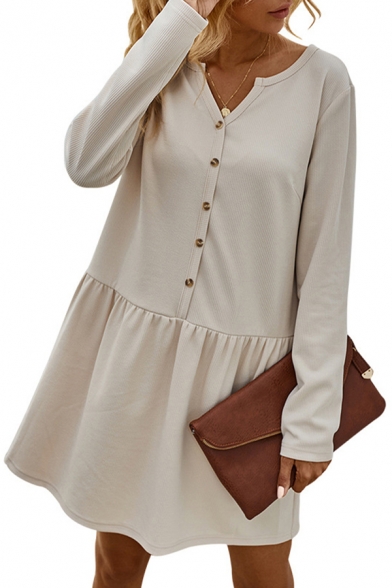 Casual Solid Color Button Up Pleated Notched Collar Long Sleeve Mini Swing Dress for Women