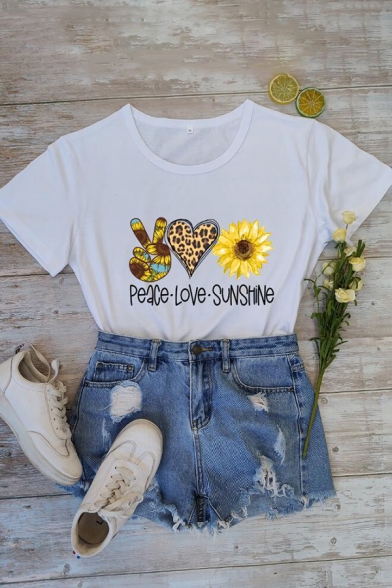 Casual Womens Letter Peace Love Sunshine Heart Gesture Sunflower Graphic Roll Up Sleeve Crew Neck Fit T Shirt