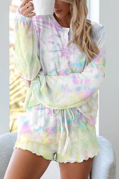 Chic Tie Dye Bishop Long Sleeve Round Neck Button Front Loose Fit Henley T-Shirt & Drawstring Waist Stringy Selvedge Shorts Pajama Set