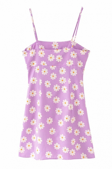 Cute Girls All Over Floral Printed Spaghetti Straps Mini A-line Slip Dress in Purple