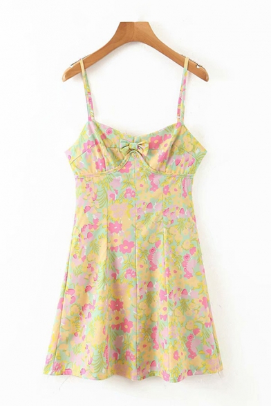 Fancy All Over Floral Printed Spaghetti Straps Bow Panel Short A-line Slip Dress in Yellow