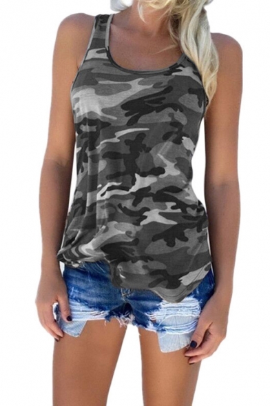 Fashionable Womens Camo Pattern Scoop Neck Sleeveless Regular Fitted Tank Top